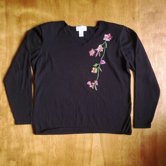 Susan Graver Style Sweater XL Black Pullover Embroidered Flowers V Neck Floral - Picture 5 of 10